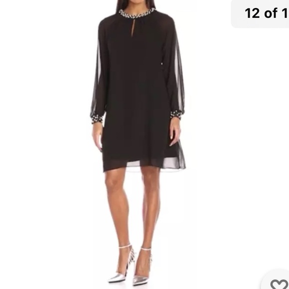 SLNY Navy Blue Long Sleeves Pearls Holiday Dress Size 8 - Picture 8 of 15